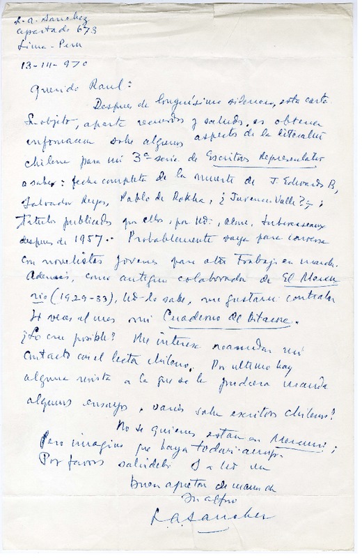 [Carta] 1970 marzo 13, Lima, Perú [a] Raúl Silva Castro  [manuscrito] Luis Alberto Sánchez.