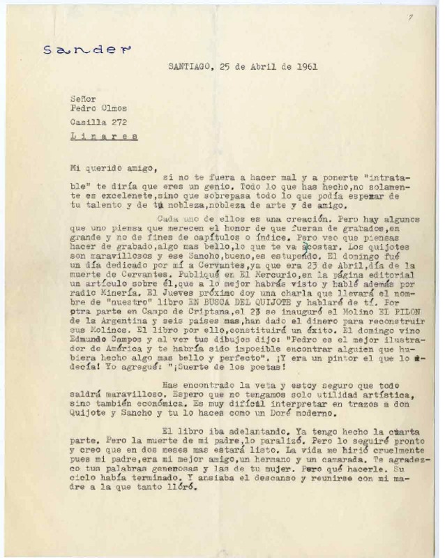 [Carta] 1961 abril 25, Santiago, Chile [a] Pedro Olmos  [manuscrito] Carlos Sander.