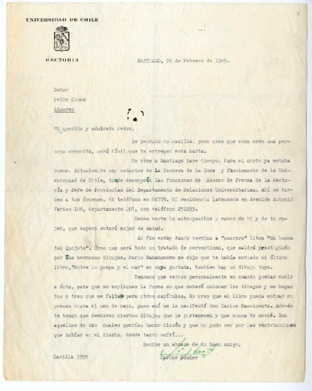 [Carta] 1965 febrero 26, Santiago, Chile [a] Pedro Olmos  [manuscrito] Carlos Sander.