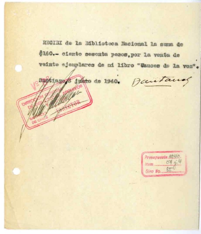 [Recibo] 1940 junio 3, Santiago, Chile [a] Biblioteca Nacional de Chile  [manuscrito] Francisco Santana.