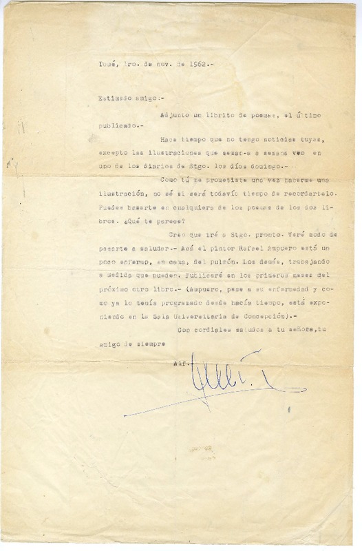 [Carta] 1962 noviembre 1, Santiago, Chile [a] Pedro Olmos  [manuscrito] Augusto Santelices.
