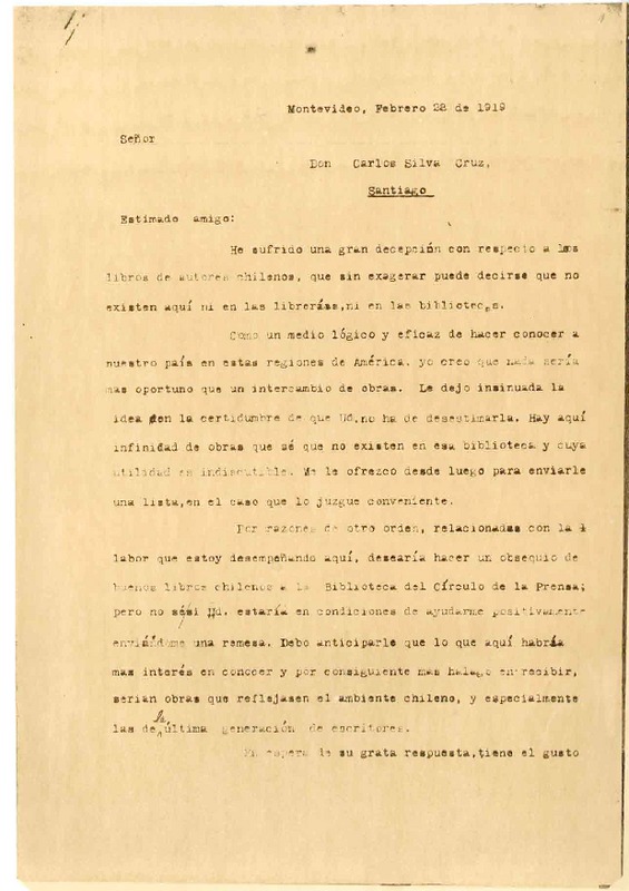 [Carta] 1919 febrero 28, Montevideo, Uruguay [a] Carlos Silva Cruz  [manuscrito] Víctor Domingo Silva.