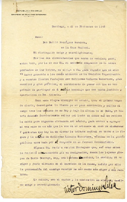 [Carta] 1940 diciembre 21, Santiago, Chile [a] Emilio Rodríguez Mendoza  [manuscrito] Víctor Domingo Silva.