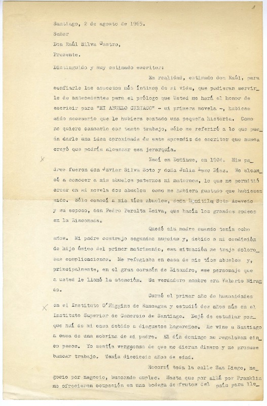 [Carta] 1965 agosto 2, Santiago, Chile [a] Raúl Silva Castro  [manuscrito] Julio Silva Lazo.