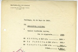 [Recibo] 1939 mayo 31, Santiago, Chile [a] Biblioteca Nacional de Chile  [manuscrito] Carlos Sepúlveda L.