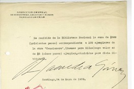 [Recibo] 1939 mayo 24, Santiago, Chile [a] Biblioteca Nacional de Chile  [manuscrito] Róbinson Saavedra G.