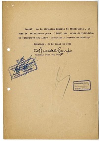 [Recibo] 1941 julio 24, Santiago, Chile [a] Biblioteca Nacional de Chile  [manuscrito] Antonio Roco del Campo.