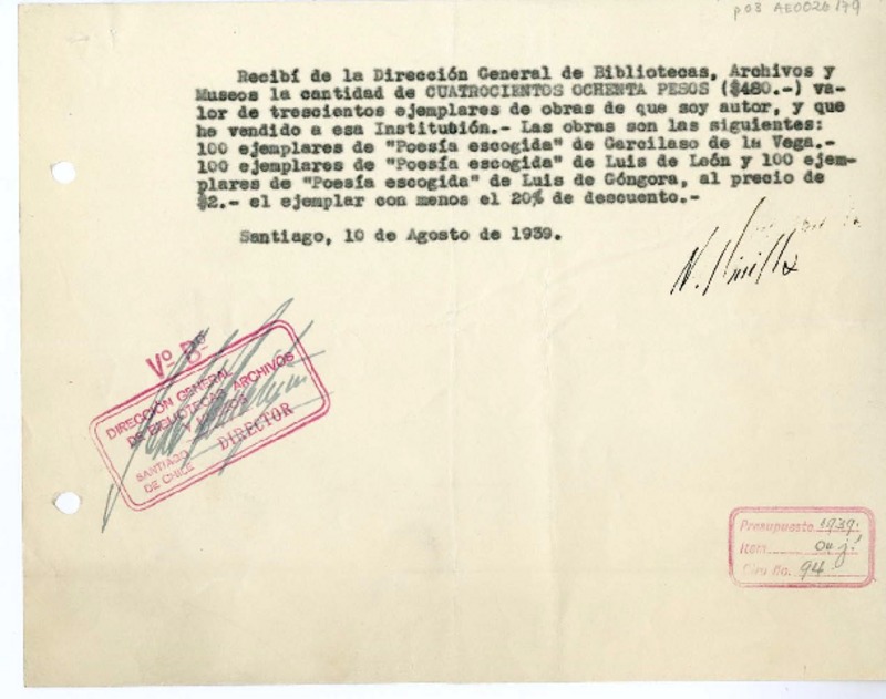 [Recibo] 1939 agosto 10, Santiago, Chile [a] Biblioteca Nacional de Chile  [manuscrito] Norberto Pinilla.