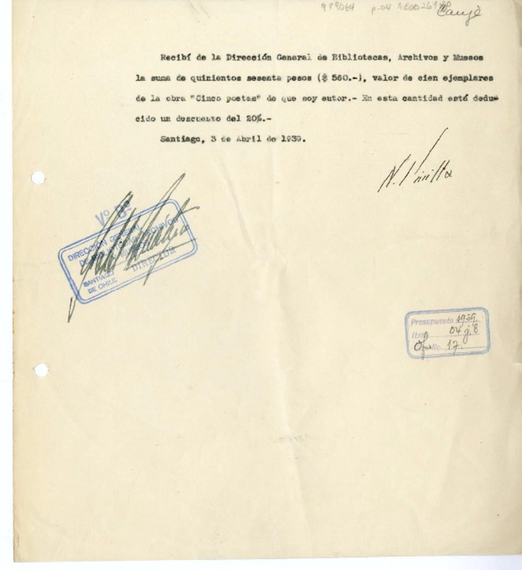 [Recibo] 1939 abril 3, Santiago, Chile [a] Biblioteca Nacional de Chile  [manuscrito] Norberto Pinilla.
