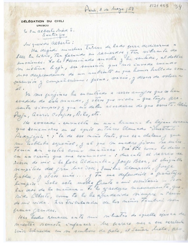 [Carta] 1957 mayo 8, Paris, Francia [a] Alberto Ried, Santiago, Chile  [manuscrito] Carlos [Morla Lynch].