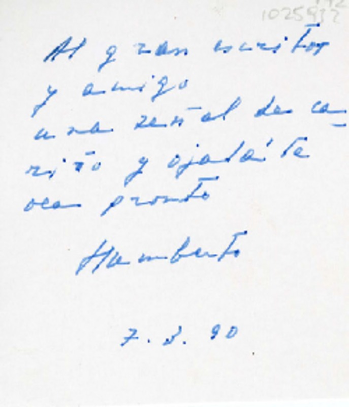 [Tarjeta] 1990 marzo 7, Santiago, Chile [a] Oreste Plath  [manuscrito] Humberto Díaz Casanueva.