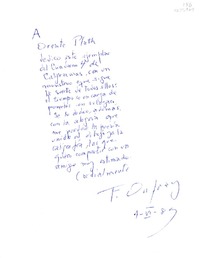 [Dedicatoria] 1989 junio 1, Santiago, Chile [a] Oreste Plath  [manuscrito] Fernando Onfray.