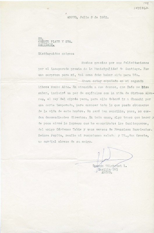 [Carta] 1982 julio 2, Ancud, Chile [a] Oreste Plath  [manuscrito] Duncan Gilchrist.