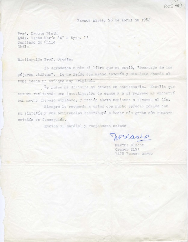 [Carta] 1982 abril 26, Buenos Aires, Argentina [a] Oreste Plath, Santiago de Chile  [manuscrito] Martha Blache.