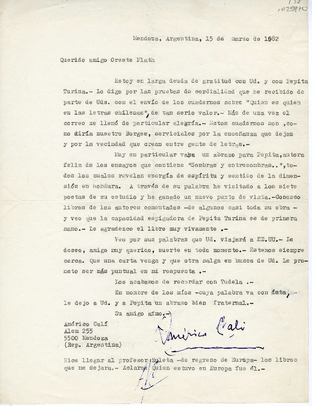 [Carta] 1982 marzo 15, Mendoza, Argentina [a] Oreste Plath, Santiago de Chile  [manuscrito] Américo Calí.