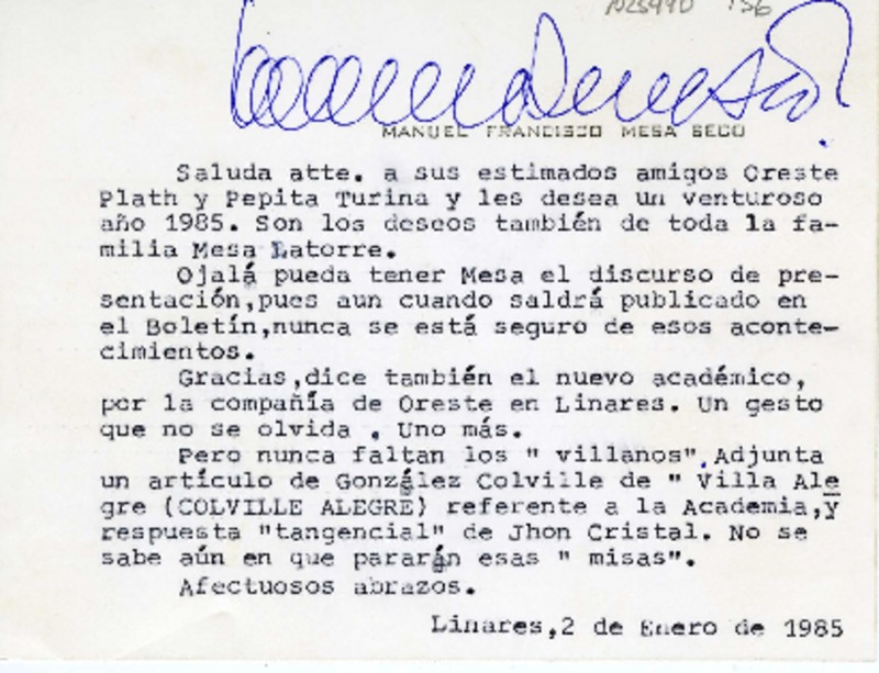 [Tarjeta] 1985 enero 2, Linares, Chile [a] Oreste Plath  [manuscrito] Manuel Francisco Mesa Seco.
