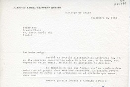 [Carta] 1982 diciembre 2, Santiago, Chile [a] Oreste Plath  [manuscrito] Patricio García-Huidobro Montes.