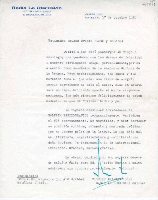 [Carta] 1982 octubre 17, Chillán, Chile [a] Oreste Plath  [manuscrito] Vicente Aciares Núñez.