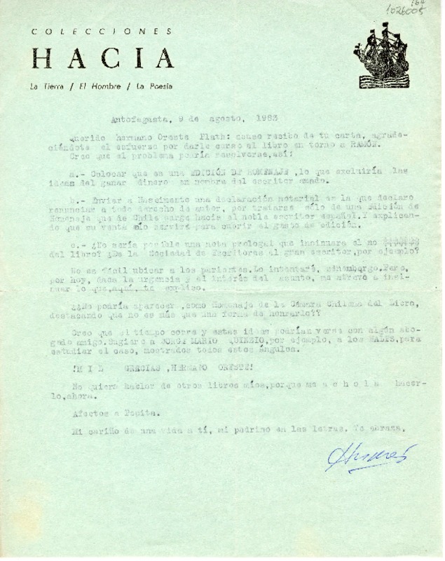 [Carta] 1983 agosto 9, Antofagasta, Chile [a] Oreste Plath  [manuscrito] Andrés Sabella.