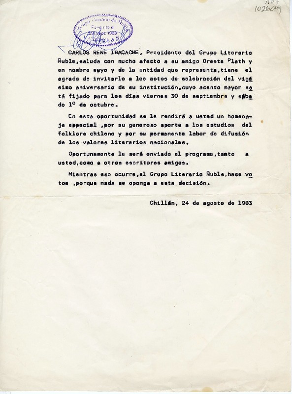 [Carta] 1983 agosto 24, Chillán, Chile [a] Oreste Plath  [manuscrito] Carlos René Ibacache.