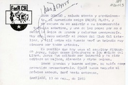 [Tarjeta] 1983 septiembre 10, Santiago, Chile [a] Oreste Plath  [manuscrito] Juan Donoso.