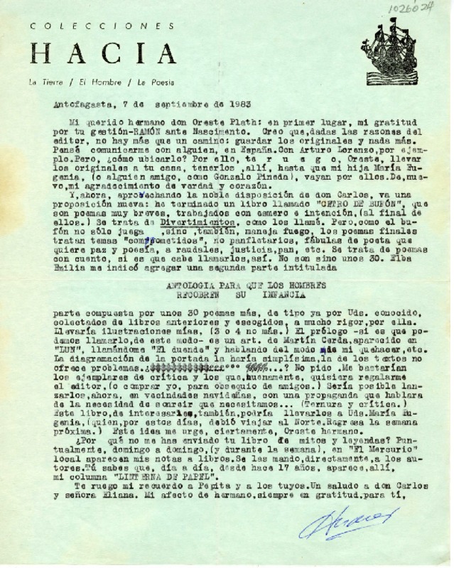 [Carta] 1983 septiembre 7, Antofagasta, Chile [a] Oreste Plath  [manuscrito] Andrés Sabella.