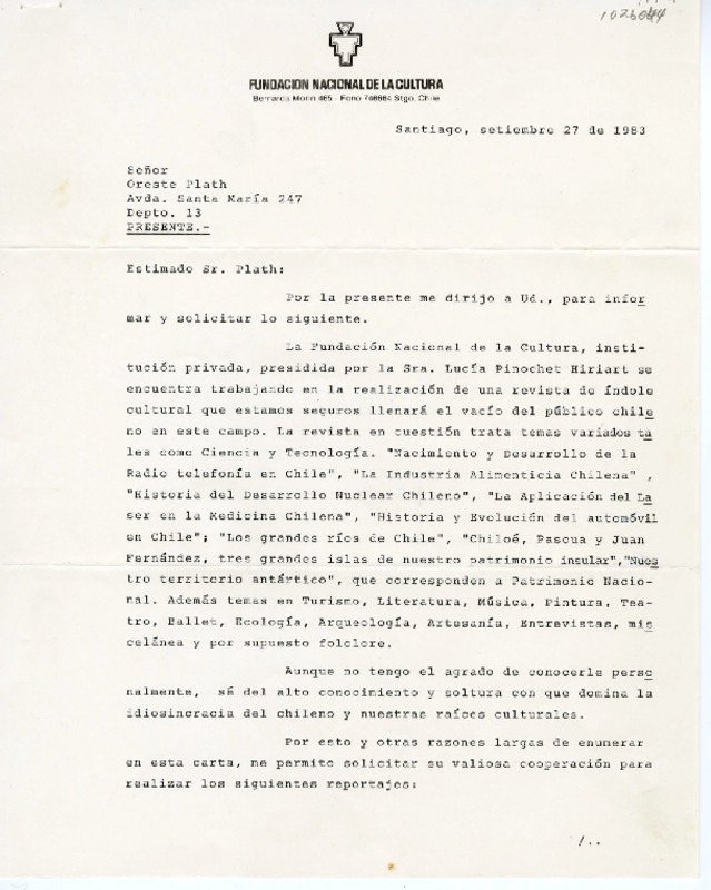 [Carta] 1983 septiembre 27, Santiago, Chile [a] Oreste Plath  [manuscrito] Eduardo Tagle Moreno.