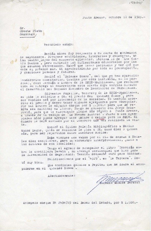 [Carta] 1983 octubre 10, Punta Arenas, Chile [a] Oreste Plath  [manuscrito] Eugenio Mimica Barassi.