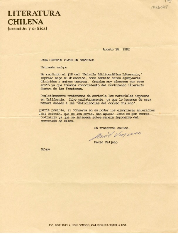 [Carta] 1982 agosto 28, California, [EE.UU.] [a] Oreste Plath, Santiago, [Chile]  [manuscrito] David Valjalo.