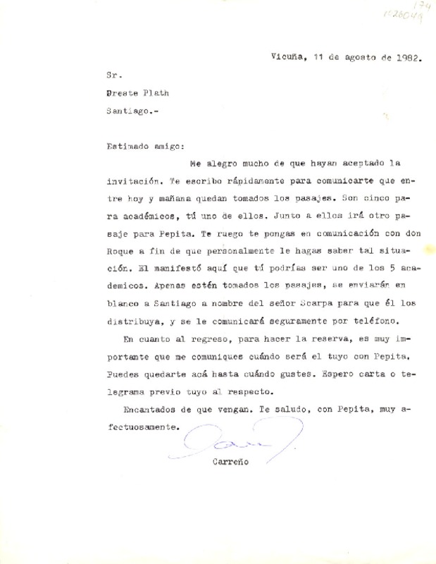[Carta] 1982 agosto 11, Vicuña, Chile [a] Oreste Plath  [manuscrito] Héctor Carreño Latorre.