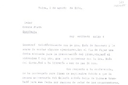 [Carta] 1984 agosto 6, Talca, Chile [a] Oreste Plath  [manuscrito] Matías Rafide.