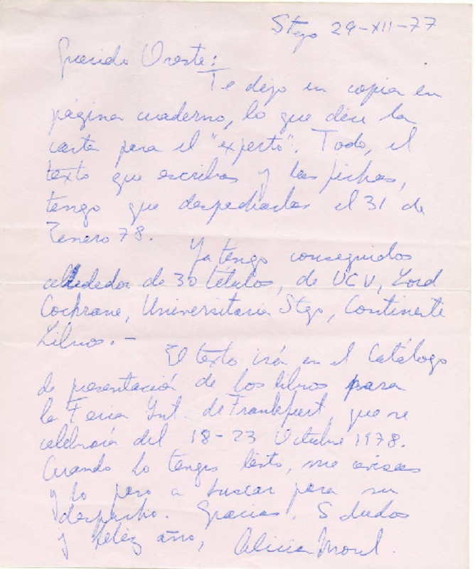 [Carta] 1977 diciembre 29, Santiago, Chile [a] Oreste Plath  [manuscrito] Alicia Morel.