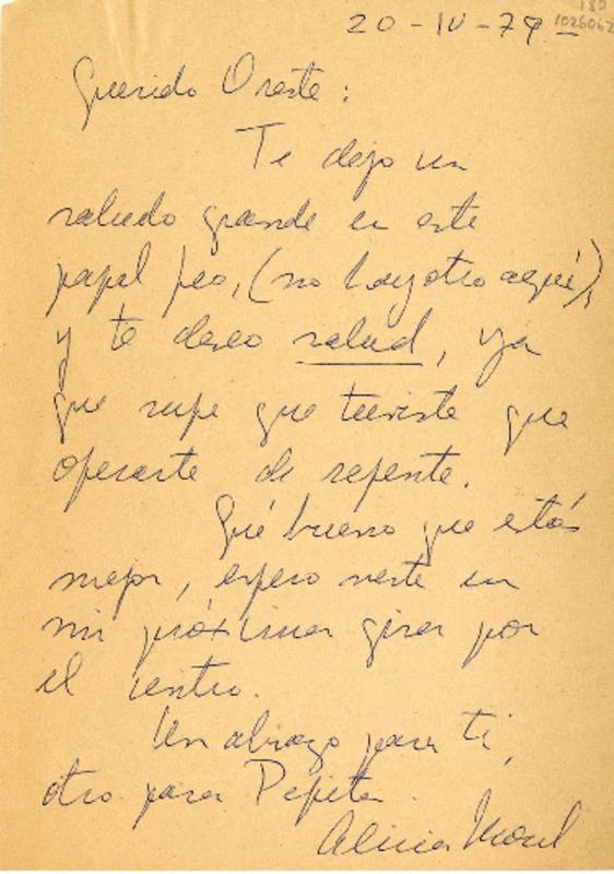 [Carta] 1979 abril 20, Santiago, Chile [a] Oreste Plath  [manuscrito] Alicia Morel.