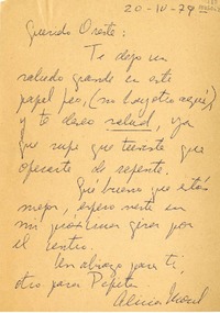 [Carta] 1979 abril 20, Santiago, Chile [a] Oreste Plath  [manuscrito] Alicia Morel.