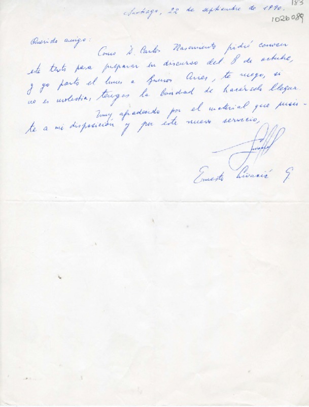 [Carta] 1990 septiembre 22, Santiago, Chile [a] Oreste Plath  [manuscrito] Ernesto Livacic Gazzano.