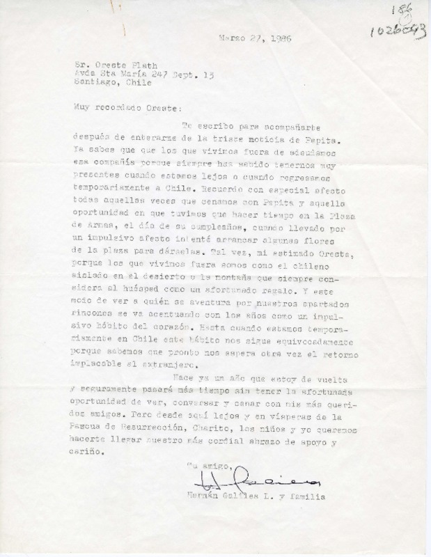 [Carta] 1986 marzo 27, Santiago, Chile [a] Oreste Plath  [manuscrito] Hernán Galilea.