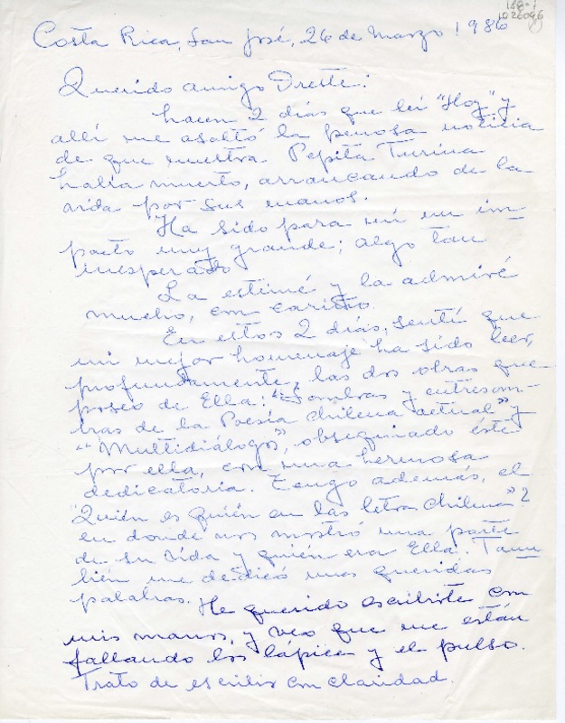 [Carta] 1986 marzo 26, San José, Costa Rica [a] Oreste Plath, Santiago, Chile  [manuscrito] Olga Arratia.