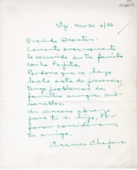 [Carta] 1986 marzo 4, Santiago, Chile [a] Oreste Plath, Santiago, Chile  [manuscrito] Carmen Chapero.