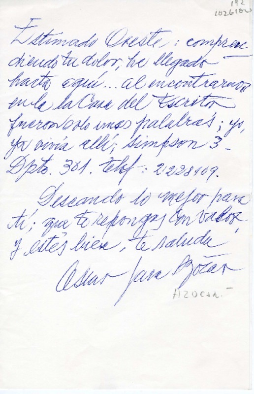 [Carta] [1986], Santiago, Chile [a] Oreste Plath  [manuscrito] Oscar Jara Azócar.
