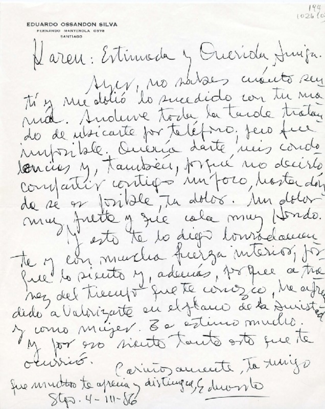 [Carta] 1986 marzo 4, Santiago, Chile [a] Karen Müller Turina  [manuscrito] Eduardo Ossandón Silva.