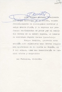 [Carta] 1986 marzo 12, San Fernando, Chile [a] Oreste Plath  [manuscrito] Eduardo Ossandón Silva.