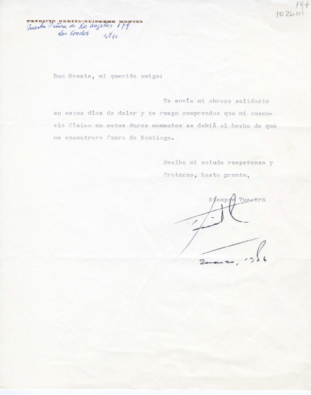 [Carta] 1986 marzo, Santiago, Chile [a] Oreste Plath  [manuscrito] Patricio García-Huidobro Montes.