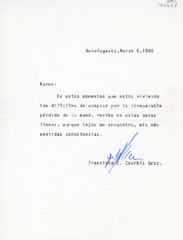 [Carta] 1986 marzo 6, Antofagasta, Chile [a] Karen Müller Turina  [manuscrito] Francisco Courbis G.