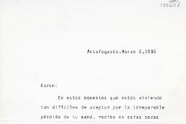 [Carta] 1986 marzo 6, Antofagasta, Chile [a] Karen Müller Turina  [manuscrito] Francisco Courbis G.