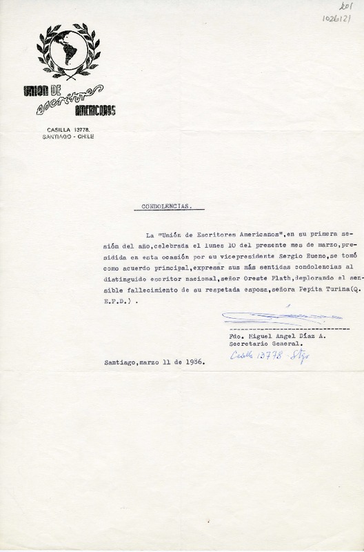 [Carta] 1986 marzo 11, Santiago, Chile [a] Oreste Plath  [manuscrito] Miguel Ángel Díaz A.