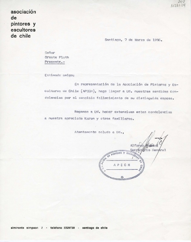 [Carta] 1986 marzo 7, Santiago, Chile [a] Oreste Plath  [manuscrito] Asociación de pintores y escultores de Chile.