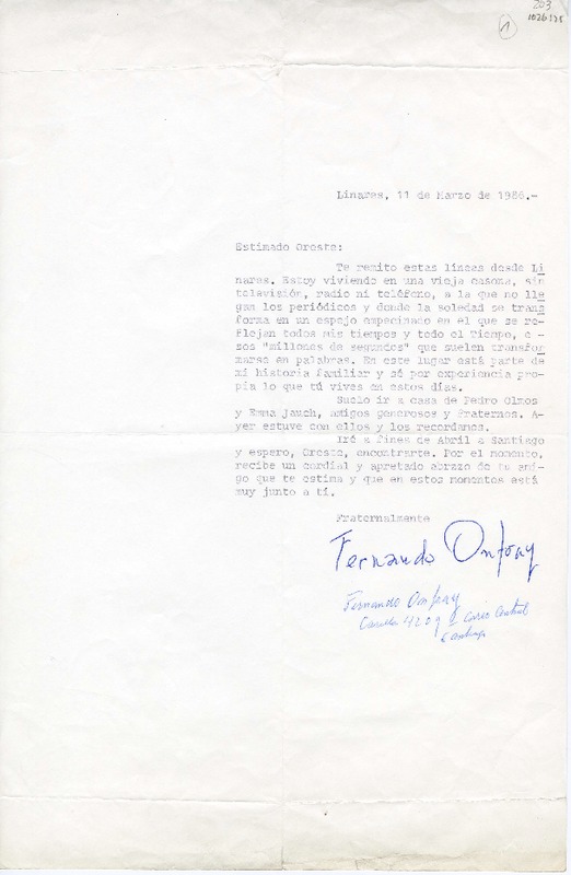 [Carta] 1986 marzo 11, Linares, Chile [a] Oreste Plath  [manuscrito] Fernando Onfray.