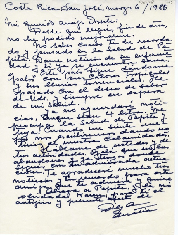 [Carta] 1986 marzo 6, San José, Costa Rica [a] Oreste Plath  [manuscrito] Olga Arratia.
