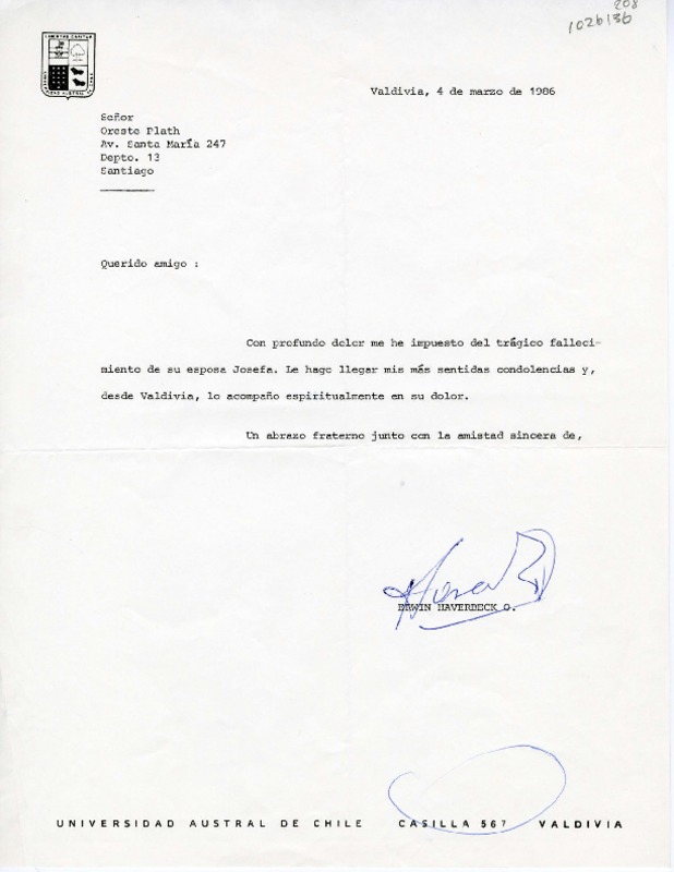 [Carta] 1986 marzo 4, Valdivia, Chile [a] Oreste Plath  [manuscrito] Erwin Haverbeck O.