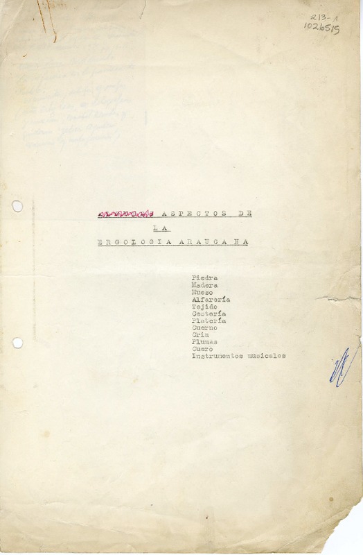 Aspectos de la ergología araucana  [manuscrito] Oreste Plath.